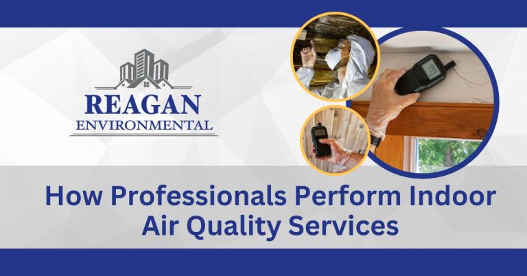 This is a featured image with images of home inspectors checking homes and air quality being tested for the blog "How Professionals Perform Indoor Air Quality Services"
