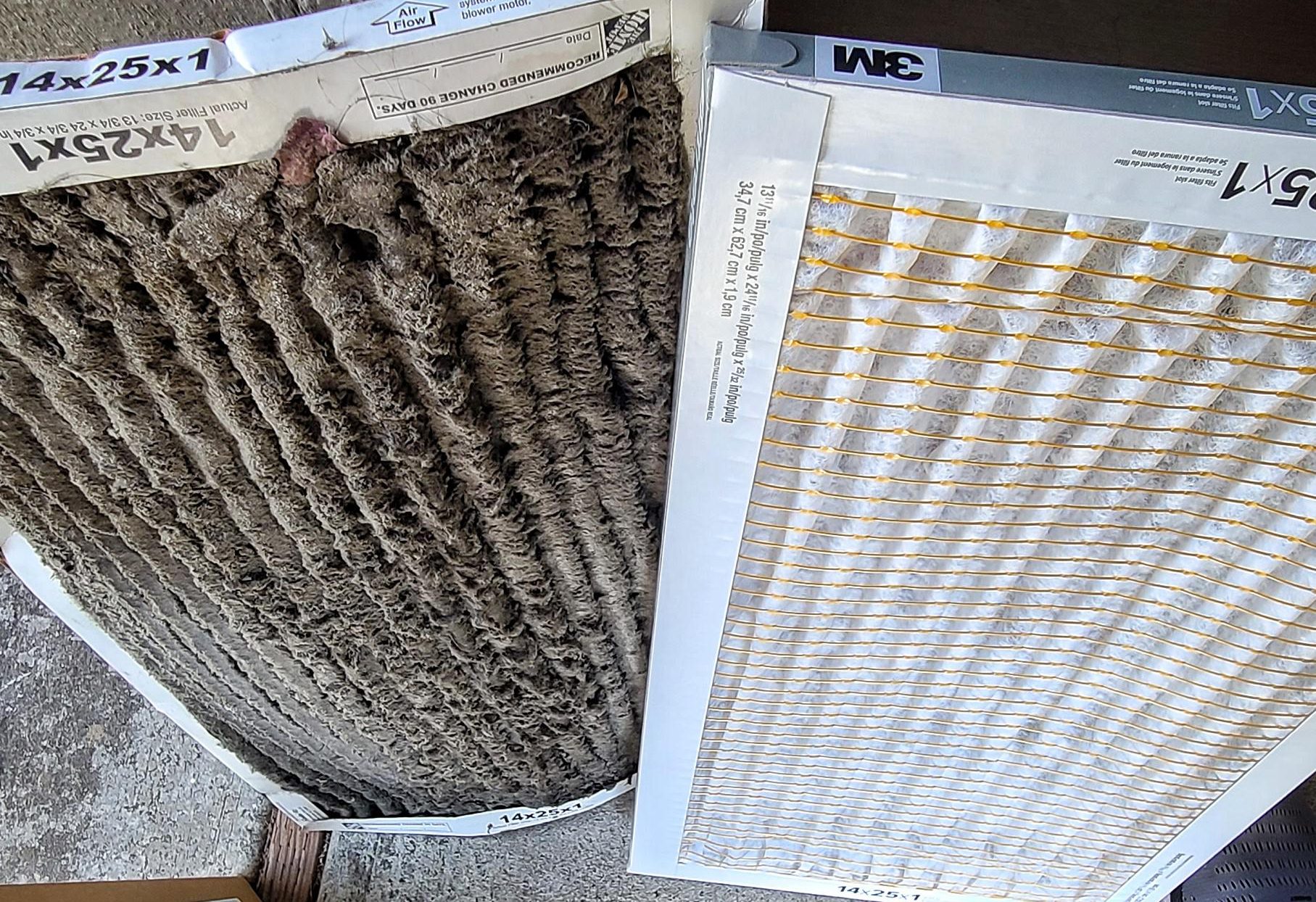 Side-by-side comparison of a heavily clogged, dirty HVAC air filter and a brand-new, clean filter.